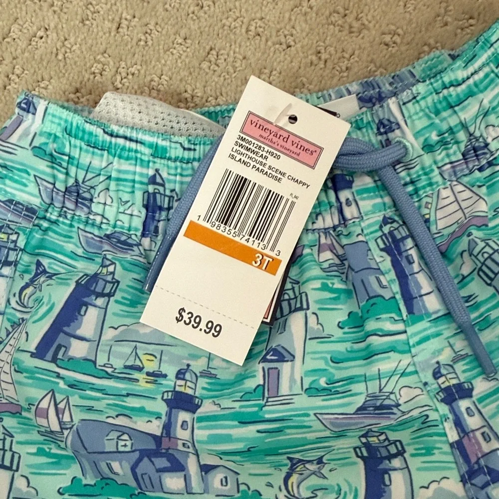 Vineyard Vines Kids Lighthouse Print Swim Trunks in Aqua & Blue